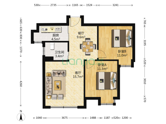 恒盛豪庭 2室2厅1卫 86平方