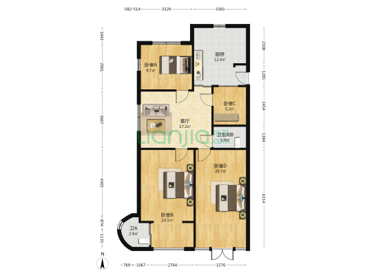 罗东花园杨组团 4室1厅2卫 95平方