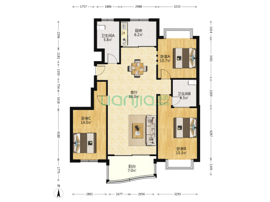 绿都四季花城 3室1厅2卫 128平方