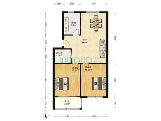 枫景苑B区 2室1厅1卫 92平方