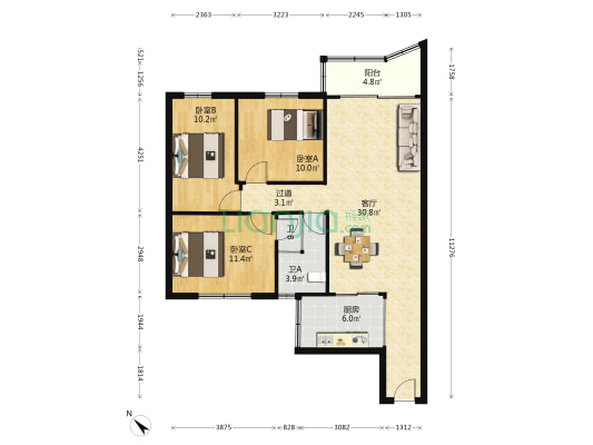 东兴花园 3室1厅2卫 101平方