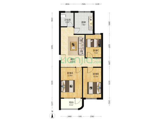 长清区医院宿舍 3室1厅1卫 80平方