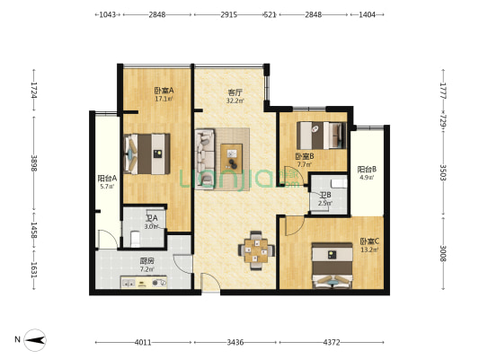 天府西苑（温江） 3室1厅2卫 105平方