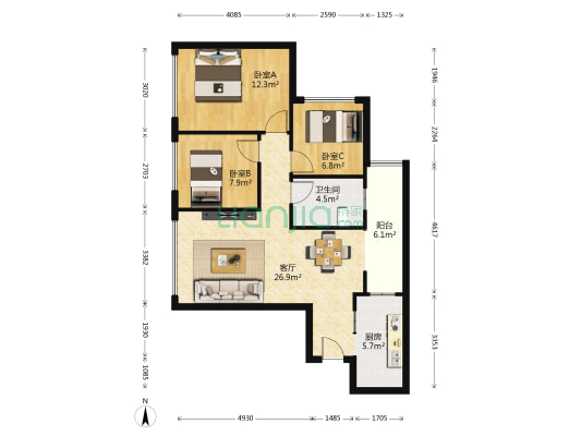 蓝光金双楠一期 3室1厅1卫 72平方