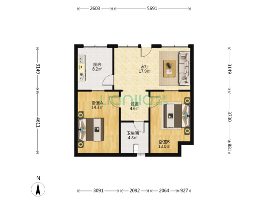 后宰门185号 2室1厅1卫 48平方