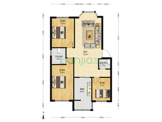 荣生园 3室1厅2卫 110平方