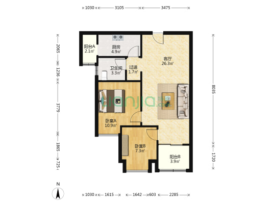 绿洲花园2号院 2室1厅1卫 79平方