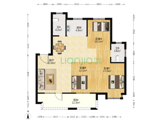 观海苑 3室1厅2卫 119平方