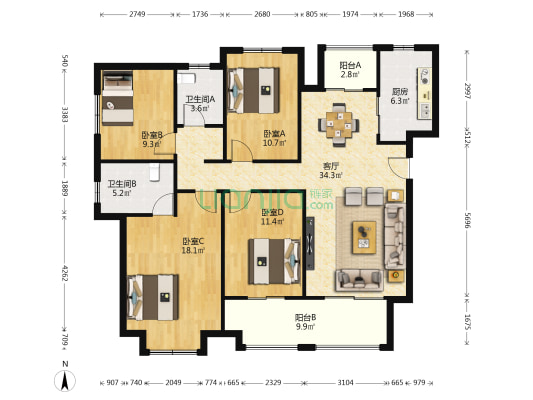 汉江梦御璟 4室1厅2卫 136平方