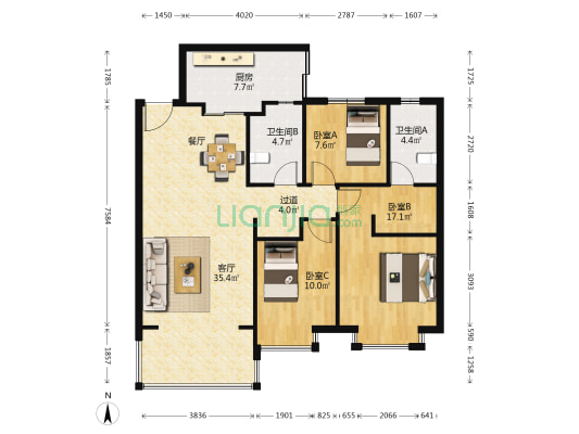 恒大城 3室1厅2卫 119平方