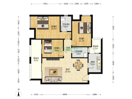 香山名都 3室1厅2卫 110平方