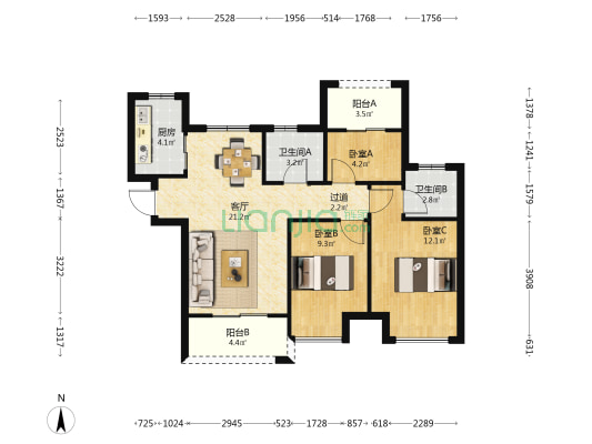 盛世城邦兰园 3室1厅2卫 87平方