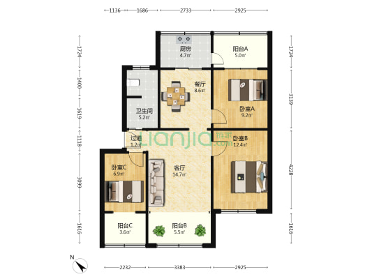 昆明监狱管理局中心医院停车场 3室2厅1卫 76平方