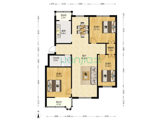 振业小区 3室1厅1卫 120平方