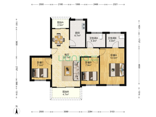 金域豪庭一期 3室1厅2卫 94平方