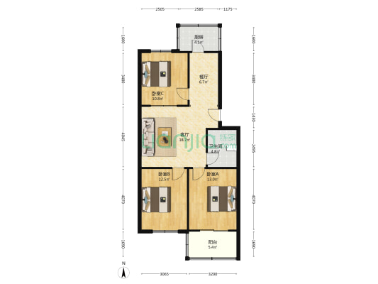 塑料模具厂宿舍 3室2厅1卫 92平方