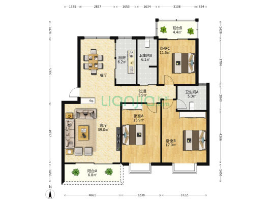 百利新城 3室1厅2卫 134平方
