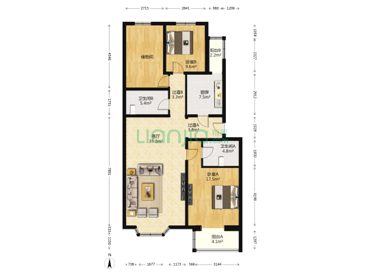 通达园 2室1厅2卫 130平方