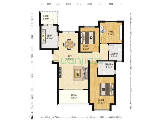 恒大翡翠华庭 3室1厅2卫 121平方
