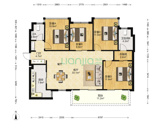 万科悦江南 4室1厅2卫 119平方