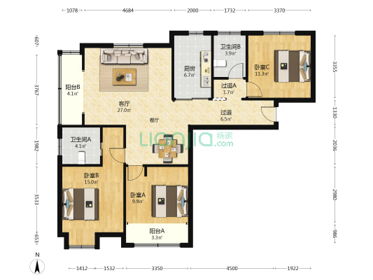 浦凌佳苑 3室1厅2卫 121平方