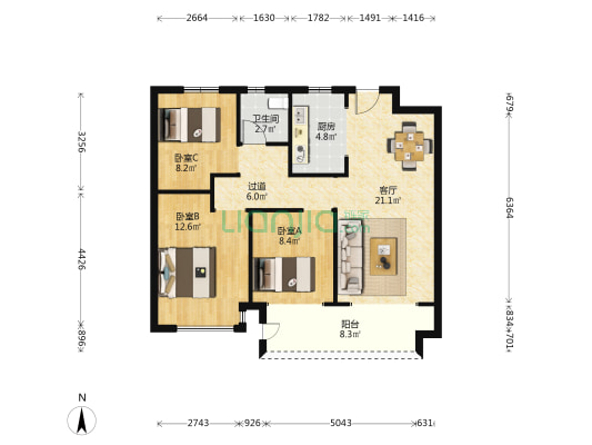 合景汇悦城 3室1厅1卫 95平方