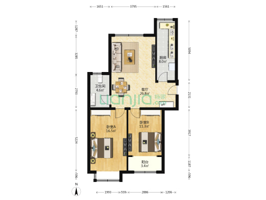雁栖一品园B区 2室1厅1卫 101平方