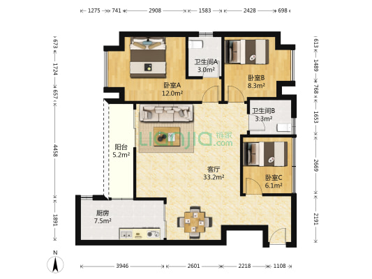 盛豪首港城 3室1厅2卫 89平方