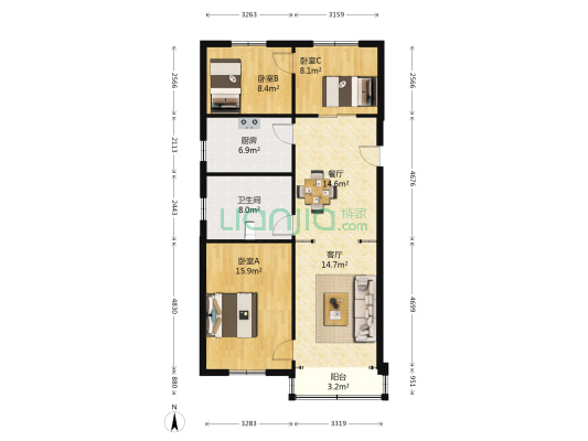 梦秀公寓 3室2厅1卫 92平方
