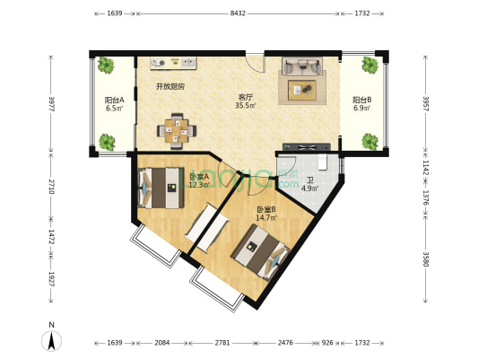海涛花园 2室1厅1卫 100平方