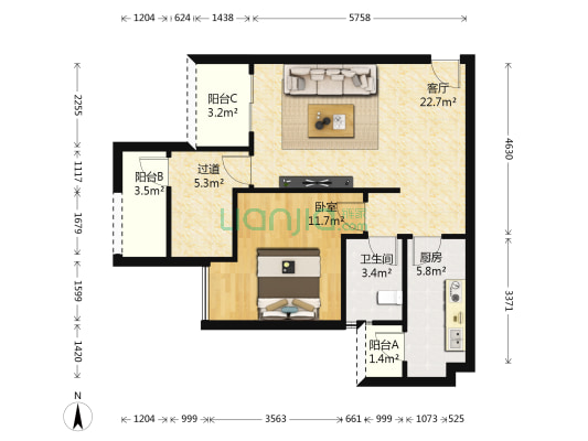 光亮天润城二期 1室1厅1卫 68平方