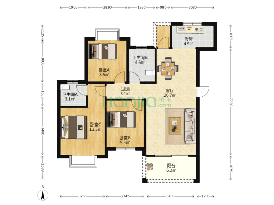 晨华怡馨家园 3室1厅2卫 104平方