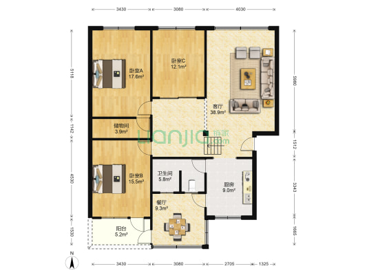 金鑫花园 3室2厅1卫 142平方