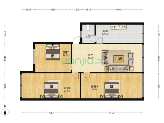 花溪大道中段67号 3室1厅1卫 124平方