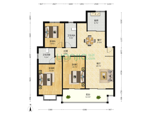九成公寓 3室2厅2卫 123平方