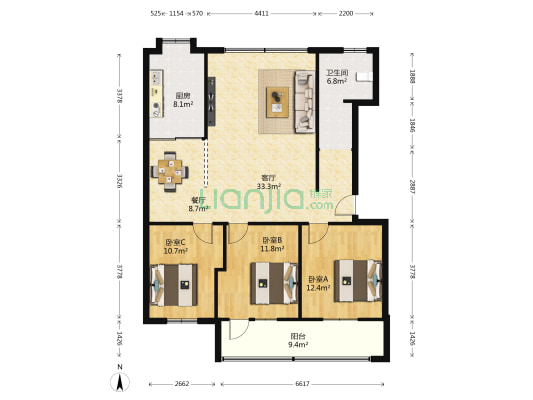 移民局宿舍 3室2厅1卫 92平方