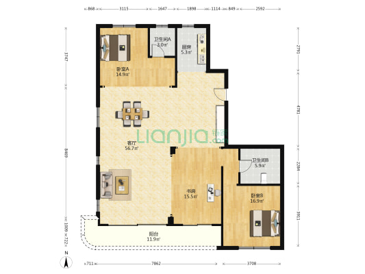绿地湖湘中心 3室1厅2卫 162平方