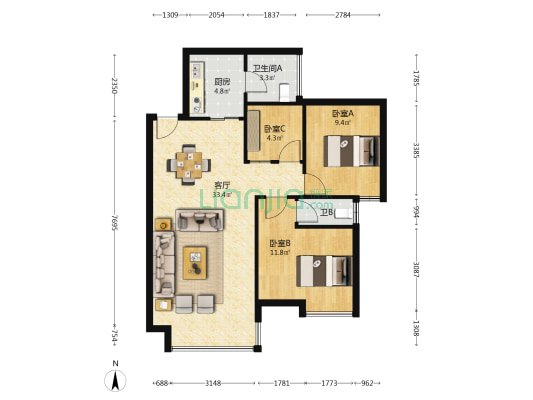 香樟美地 3室1厅2卫 85平方