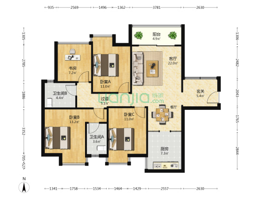 阳光绿城第六组团 4室1厅2卫 111平方