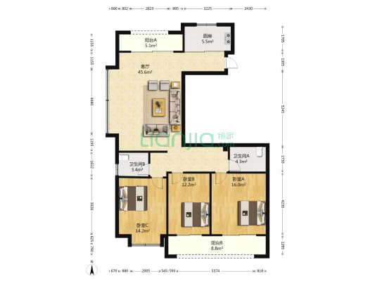 时代悦庭 3室1厅2卫 140平方