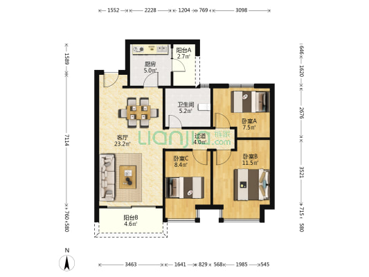 恒大江沁苑 3室1厅1卫 98平方