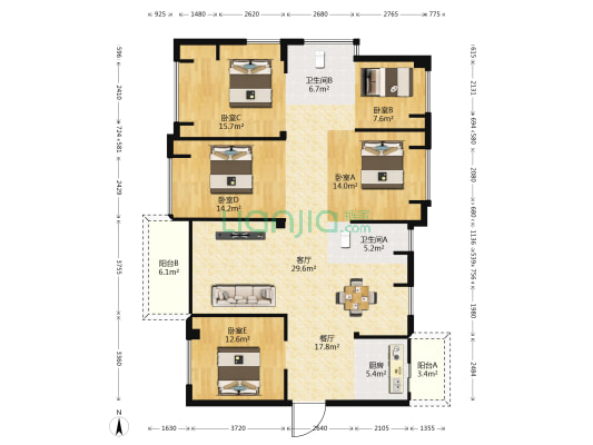 阳光城领海 5室2厅2卫 145平方