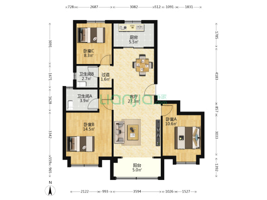 天铂曦园 3室1厅2卫 118平方