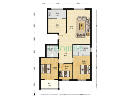 一号院小区 3室2厅2卫 144平方