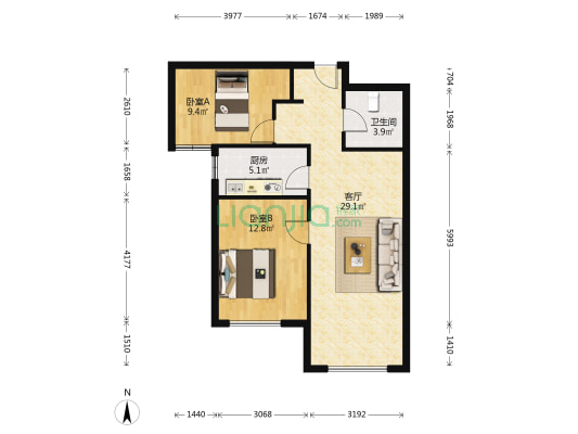 K2狮子城北区 2室1厅 南 北-户型图