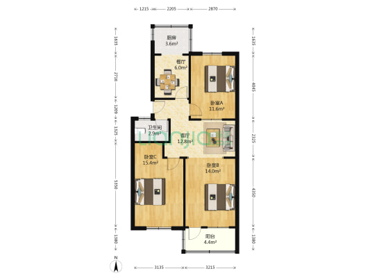 省农机局宿舍 3室2厅1卫 96平方