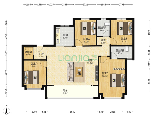 龙湖天奕 4室1厅2卫 143平方