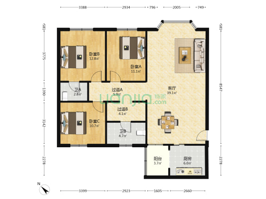 光华苑小区 3室1厅2卫 119平方
