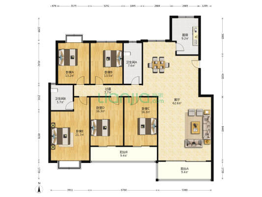 和合园 5室1厅2卫 224平方