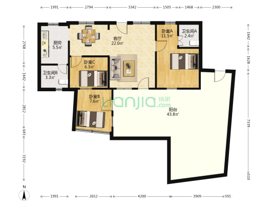 红卫三街 3室1厅2卫 66平方